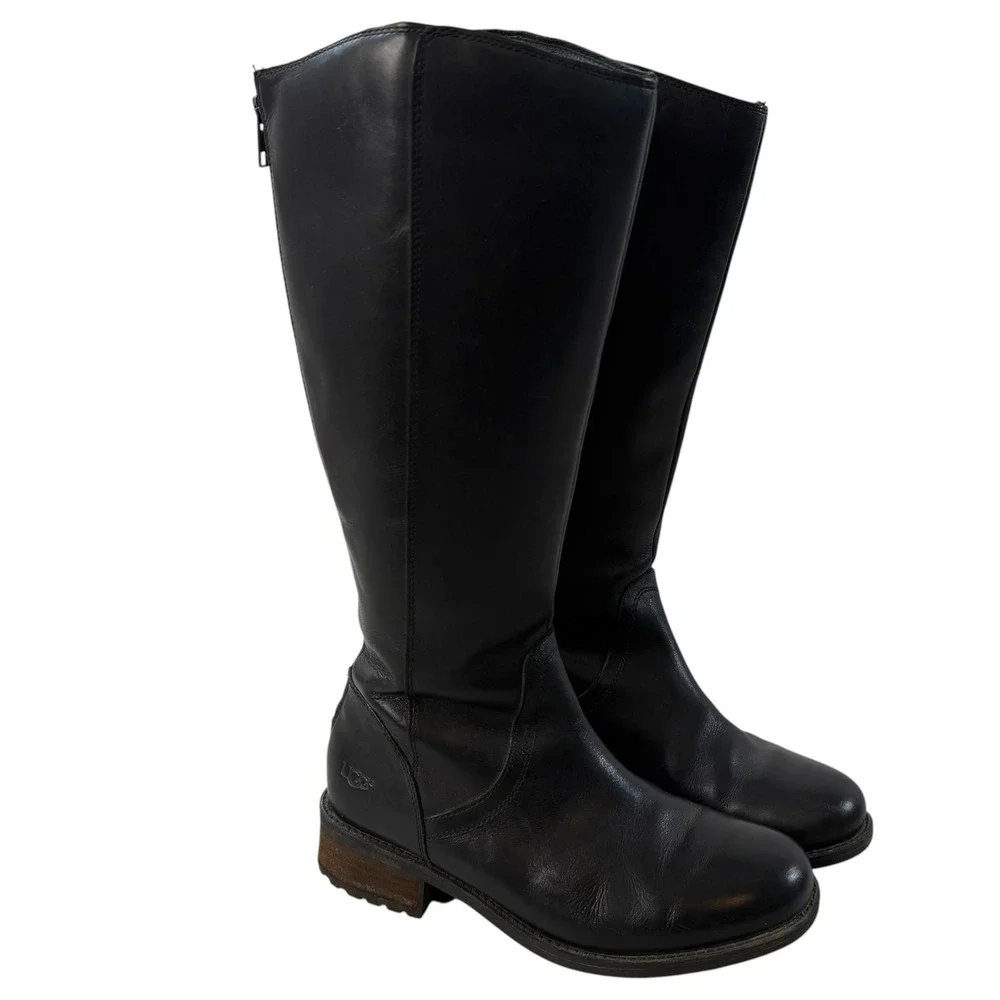 UGG Tall Black Leather Riding Boots 7.5 Back Zip 1006038 Lug Sole Round Toe